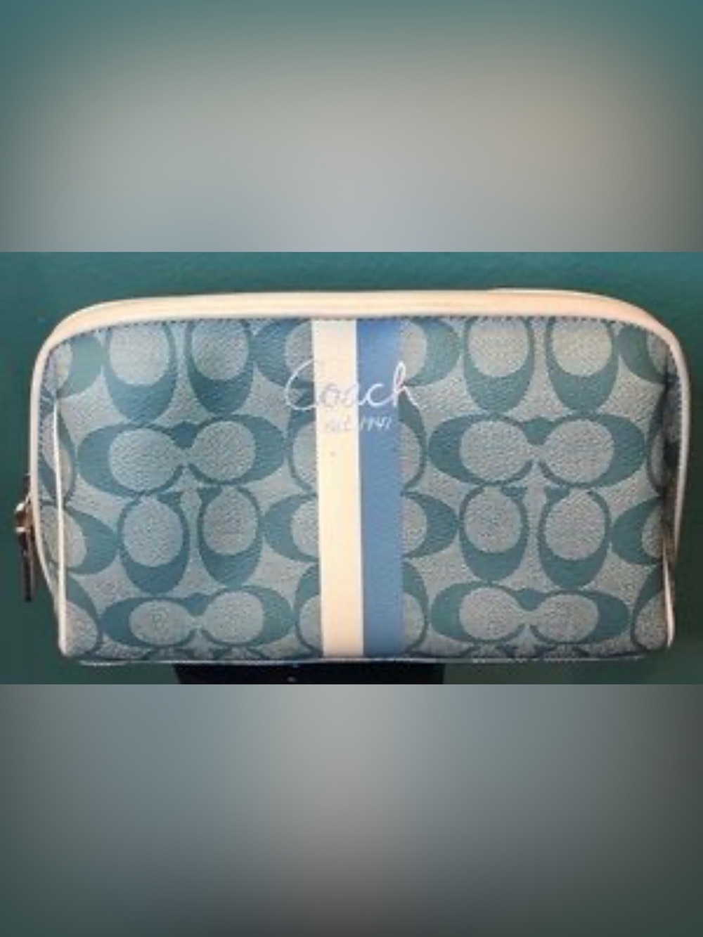 Coach Teal Signature Stripe Cosmetic Pouch with Cream and Blue Accents